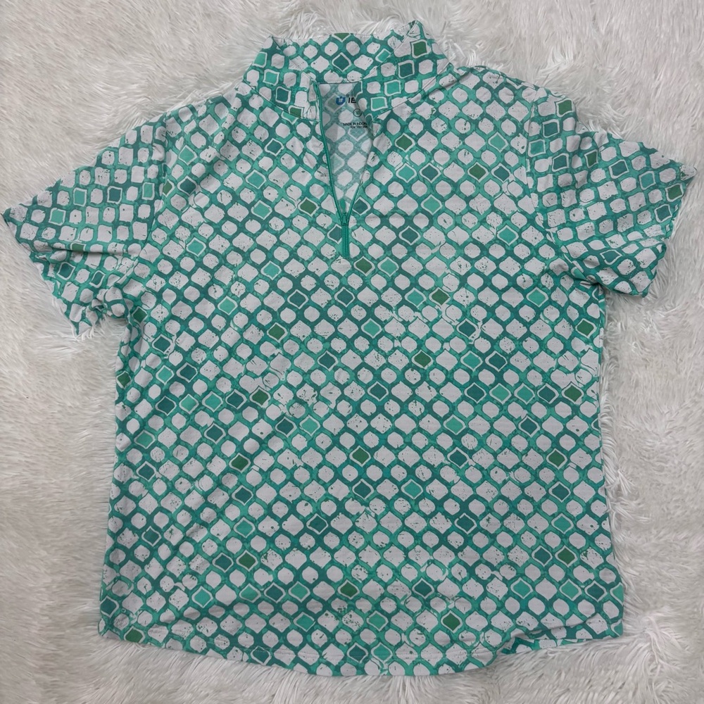 IBKUL women Teal and White Patterned Short-Sleeve Polo